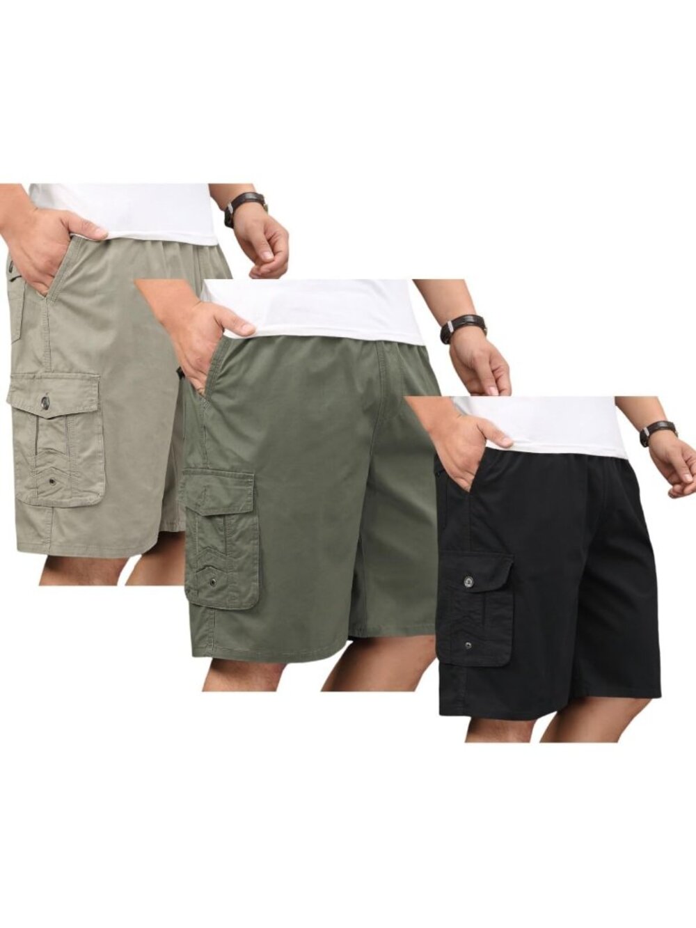 Men's Casual Cargo Shorts - Twill, Elastic Waist, Loose Fit, Drawstring, Zip Fly